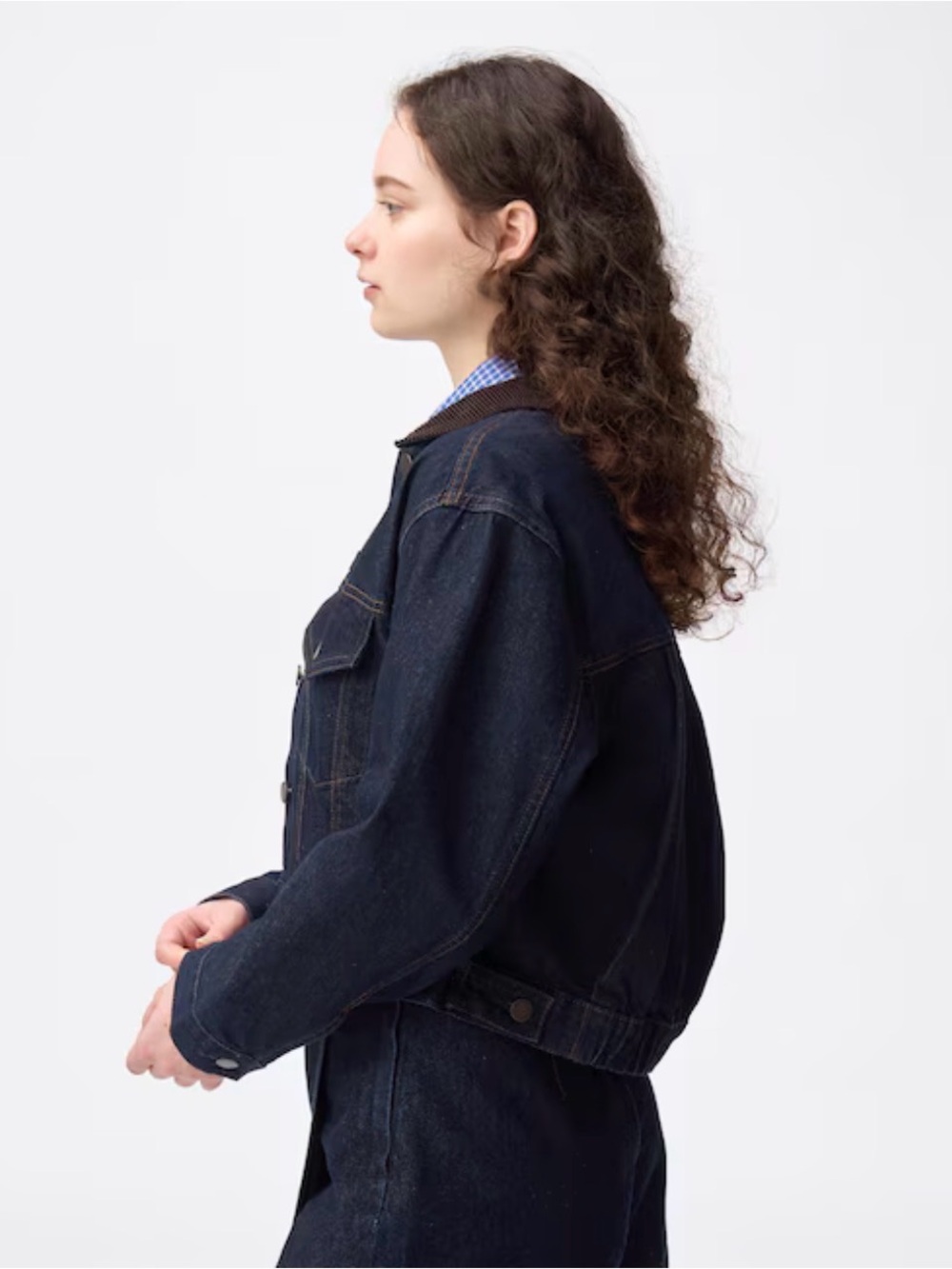 GU - Dark Indigo Denim Jacket with Contrast Brown Collar - Picture 3 of 5